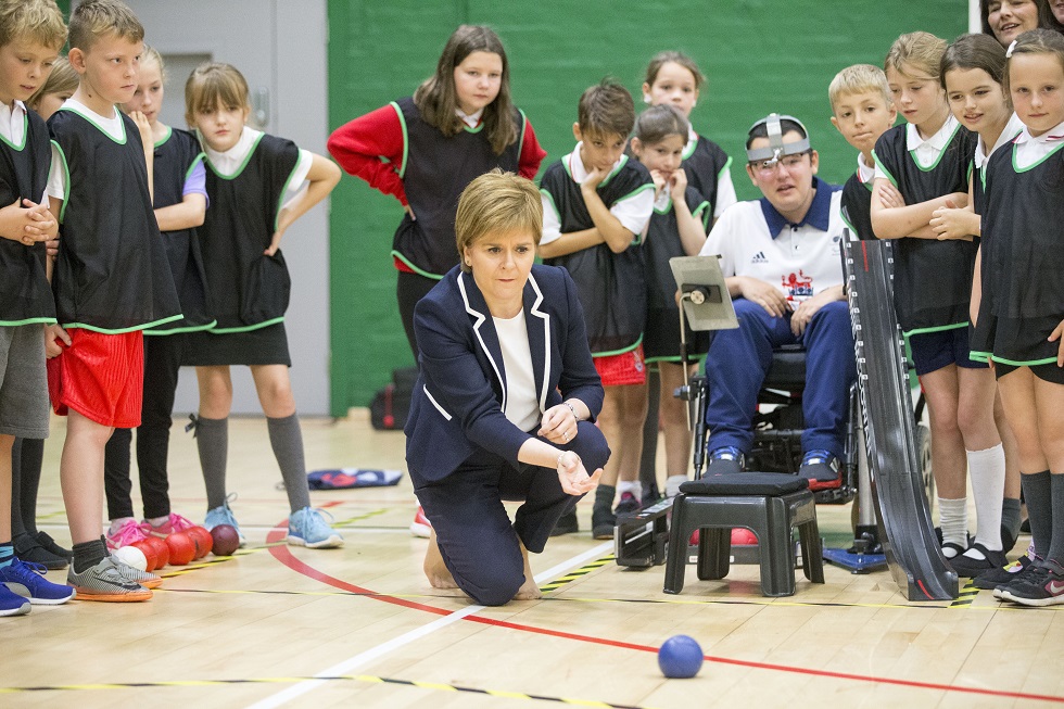 First Minister Nicola Sturgeon plays boccia at the opening of sportscotland National Centre Inverclyde